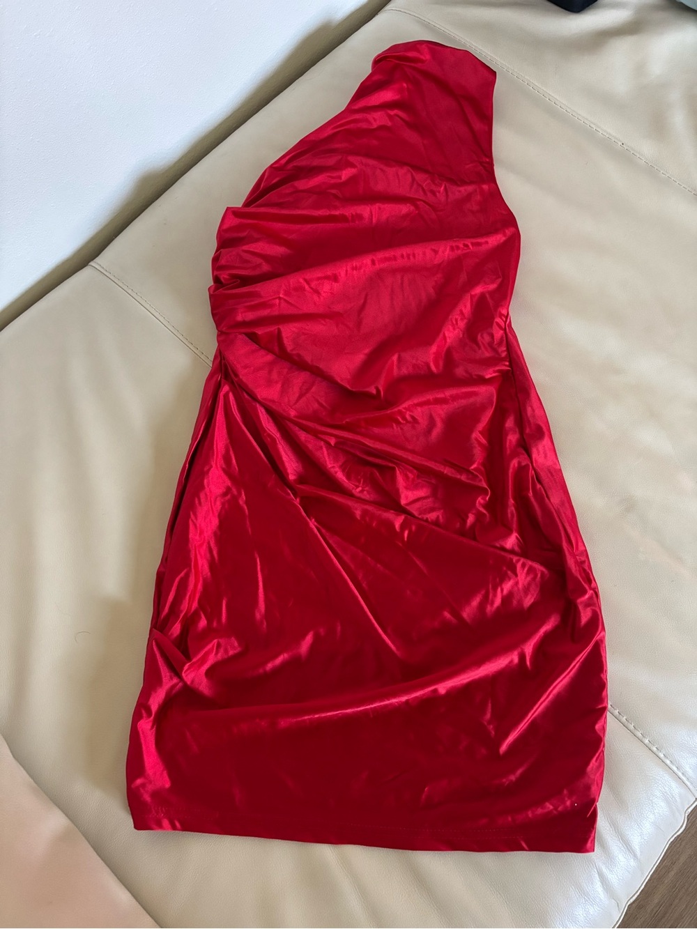 NIB Memoriesea Red Satin One Shoulder Ruched Bodycon Mini Dress
